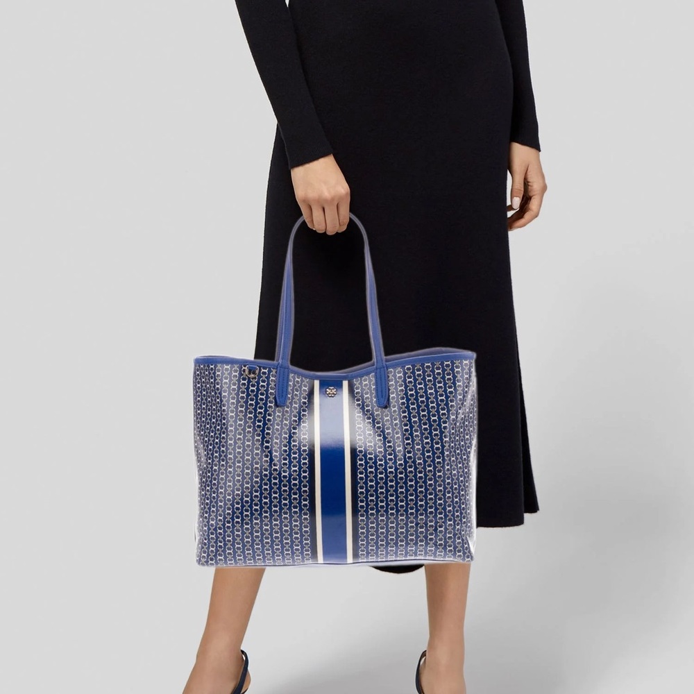 Tory Burch Jewel Blue Gemini Link Stripe Tote Bag